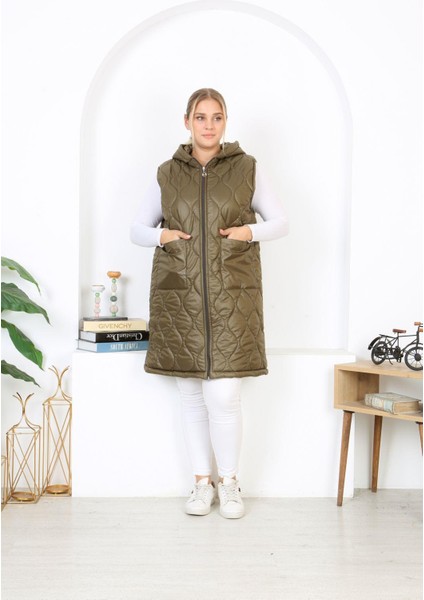 Kadın Büyük Beden Haki Kapüşonlu Kapitone Cepli Uzun Yelek 65N38334
