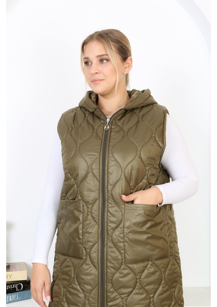 Kadın Büyük Beden Haki Kapüşonlu Kapitone Cepli Uzun Yelek 65N38334