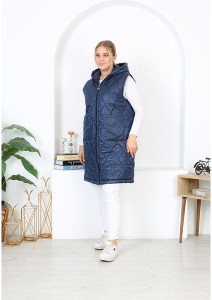 Kadın Büyük Beden Lacivert Kapüşonlu Kapitone Cepli Uzun Yelek 65N38334 indirimleri