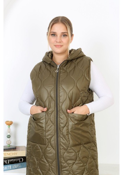 Kadın Büyük Beden Haki Kapüşonlu Kapitone Cepli Uzun Yelek 65N38334 fırsatları