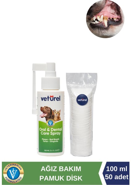 Köpek Ağız ve Diş Bakım Spreyi 100ML Doğal Ağız Bakımı Ağız Kokusu Yumuşak Disk Pamuk 50'li