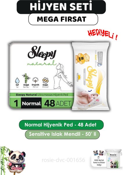 Natural Ultra Hassas Hijyenik Ped Normal 48 Adet Sensitive 50'li Islak Mendil ve Rosie Bebek Temizleme Mendili