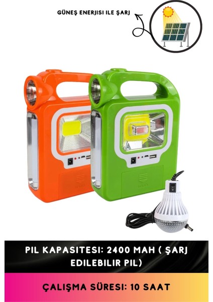 Solar Enerjili 3 Farklı Işıklı Ampul Bağlanan El Feneri Şarjlı Pil Hediye 10 Saat Işık 2400 Mah