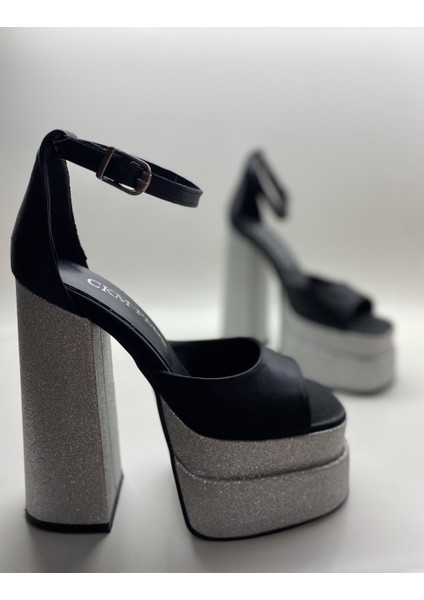 Siyah Saten-Gümüş Kum Simli Bilekten Bağlamalı Çift Platform Topuklu Sandalet fiyatları