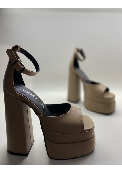 Nude Mat Bilekten Bağlamalı Çift Platform Topuklu Sandalet