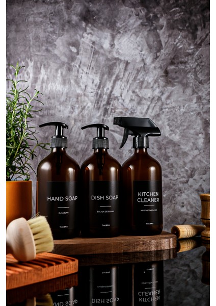 500ML Amber Cam Black Serisi El Sabunu,bulaşık Deterjanı ve Mutfak Temizleyici Sabunluk Set