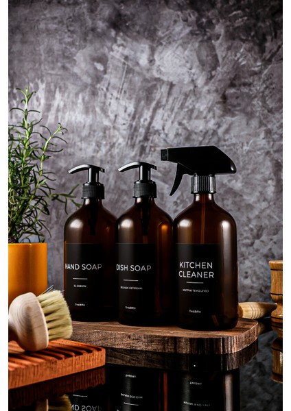 500ML Amber Cam Black Serisi El Sabunu,bulaşık Deterjanı ve Mutfak Temizleyici Sabunluk Set