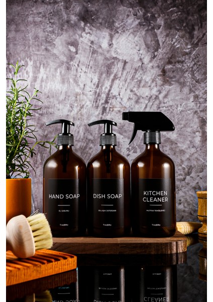 500ML Amber Cam Black Serisi El Sabunu,bulaşık Deterjanı ve Mutfak Temizleyici Sabunluk Set
