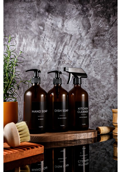 500ML Amber Cam Black Serisi El Sabunu,bulaşık Deterjanı ve Mutfak Temizleyici Sabunluk Set