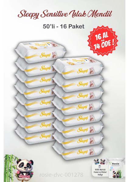 16 Al 14 Öde Sleepy Sensitive Islak Bebek Mendil 50'li ve Rosıe