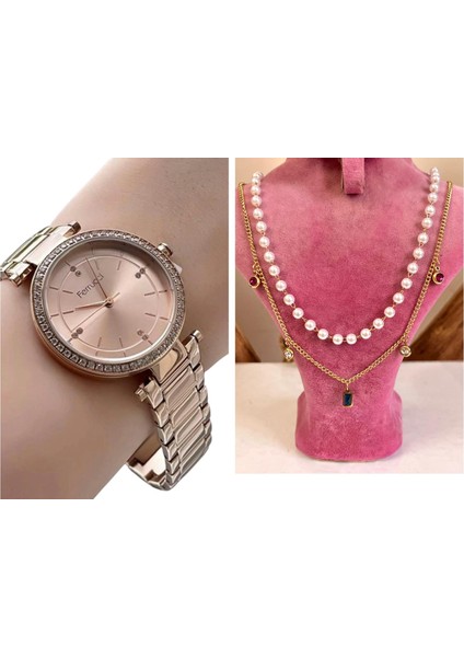 Çelik Kadın Kol Saati+Çelik&incili Kolye Hediye Set fiyatları