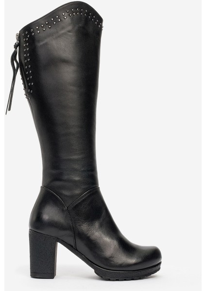 Kadın Yüksek Topuklu Fermuarlı Çizme Gerçek Deri Br 08012 Siyah