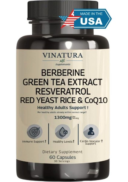 Berberine Hcl & Ceylon Cinnamon - Red Yeast Rice & COQ10 1300MG Healthy Levels With Green Tea Extract, Resveratrol, Magnesium, Glycinate, Chromium Picolinate 60 Capsul.