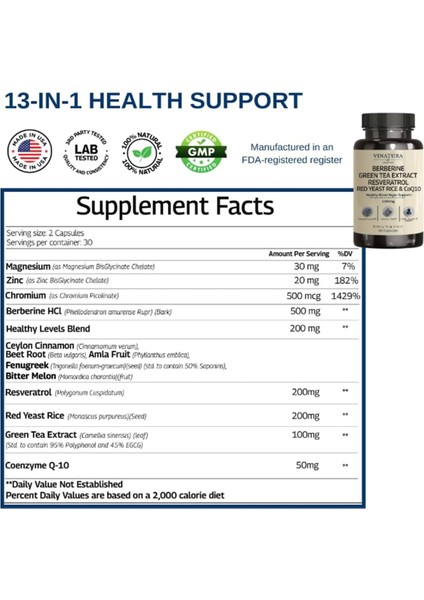 Berberine Hcl & Ceylon Cinnamon - Red Yeast Rice & COQ10 1300MG Healthy Levels With Green Tea Extract, Resveratrol, Magnesium, Glycinate, Chromium Picolinate 60 Capsul.