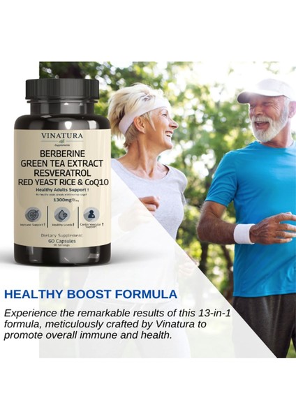 Berberine Hcl & Ceylon Cinnamon - Red Yeast Rice & COQ10 1300MG Healthy Levels With Green Tea Extract, Resveratrol, Magnesium, Glycinate, Chromium Picolinate 60 Capsul.