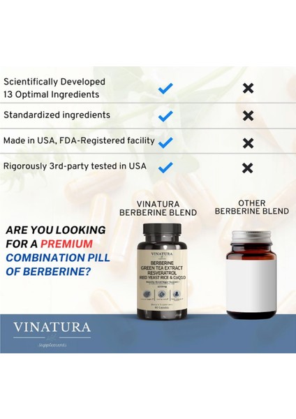 Berberine Hcl & Ceylon Cinnamon - Red Yeast Rice & COQ10 1300MG Healthy Levels With Green Tea Extract, Resveratrol, Magnesium, Glycinate, Chromium Picolinate 60 Capsul.