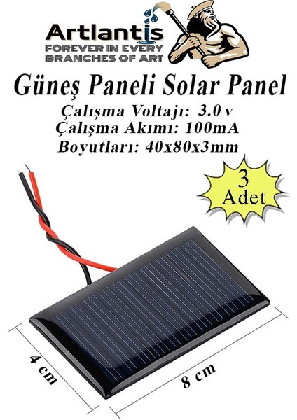 Güneş Paneli Solar Panel 8x4 cm 3 Volt 100 Ma 3 Adet Güneş Enerjisi Okul Sınıf Deney Çalışmaları 80X40 mm