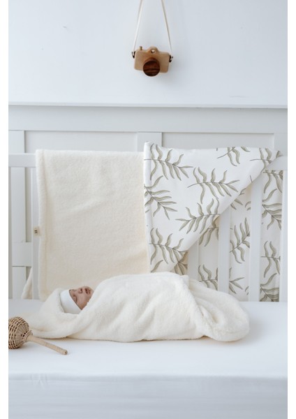 Peluş Kundak ve Çift Yüz Battaniye - Somon Zeminli Çizim Yapraklar fırsatları