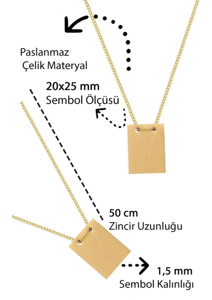 - Kare Figürlü Zincirli Kolye - Paslanmaz Çelik - Özel Hediye Paketinde