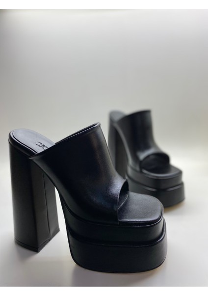 Siyah Mat Çift Platform Topuklu Sandalet modelleri