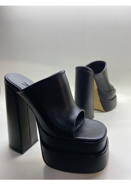 Siyah Mat Çift Platform Topuklu Sandalet fırsatları