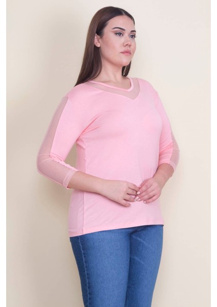 Kadın Somon Yaka ve Kolları Tül Detaylı Viskon Bluz