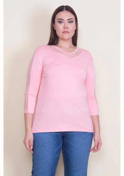 Kadın Somon Yaka ve Kolları Tül Detaylı Viskon Bluz modelleri