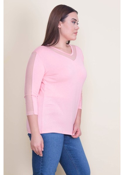 Kadın Somon Yaka ve Kolları Tül Detaylı Viskon Bluz indirimleri