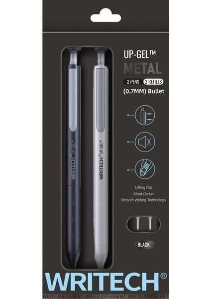 Wrıtech W-0156 Metal Up Siyah-Beyaz Gövde 0,7mm Mavi Jel Kalem - 2'li