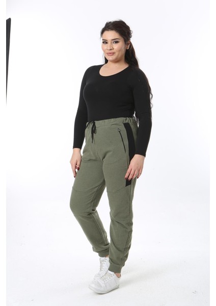 Kadın Büyük Beden Haki Fermuar Cepli Kup Detaylı Beli Bağcıklı Eşofman Alt 65N38656 fiyatları