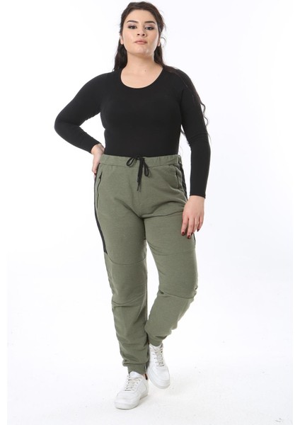 Kadın Büyük Beden Haki Fermuar Cepli Kup Detaylı Beli Bağcıklı Eşofman Alt 65N38656 modelleri