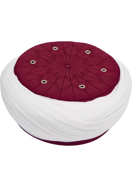 Talebe Sarığı-Beyaz Kumaş-Bordo Takke-Çapraz Sarım-Kuş Gözlü-7 Metre