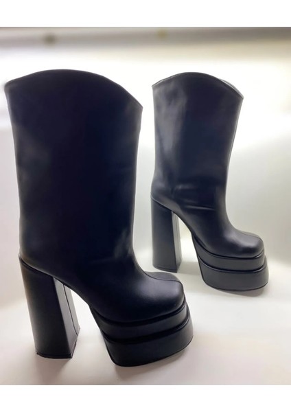 Hayyshoes Siyah Mat Çift Kat Platformlu Yüksek Topuklu Kadın Çizme