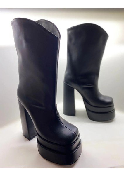 Hayyshoes Siyah Mat Çift Kat Platformlu Yüksek Topuklu Kadın Çizme modelleri