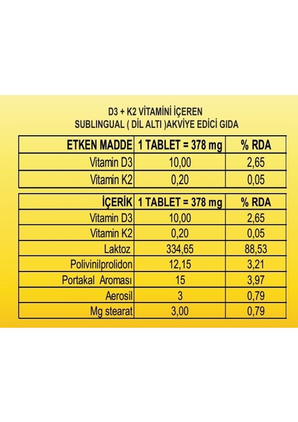 D3 K2 Vitamini Dil Altı Takviye Edici Gıda 30 Tablet