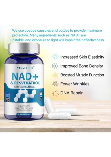 Nad+ Supplement 1500 Mg - 120 Capsules High Purity Nad+ & Resveratrol - Tmg - Usa modelleri