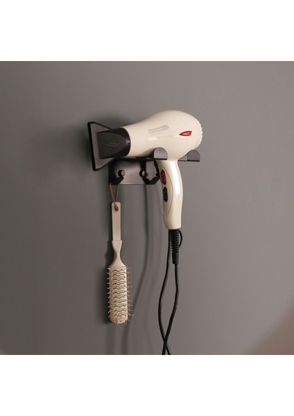 İster Kendinden Yapışkanlı İster Vidalı Saç Kurutma Makinesi ve Fön Makinesi Tutacağı Mat Siyah Banyo Rafı