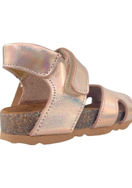 Retro Mantar Tabanlı Çocuk Deri Sandalet Pudra Hologram