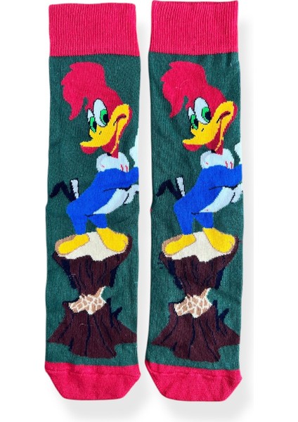 Tekli Haki Renkli Çizgi Film Karakterli Unisex Esnek Nem Alabilen Pamuklu Soket Çorap