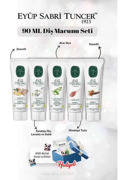 Diş Macun Seti Zencefil, Karanfil, Himalaya, Aloe Vera, Lavanta 90 ml ve Rosie