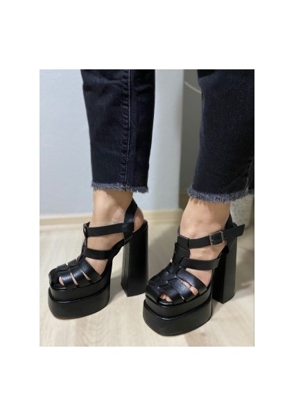 Hayyshoes Siyah Mat Örme Çift Platform Topuklu Sandalet modelleri