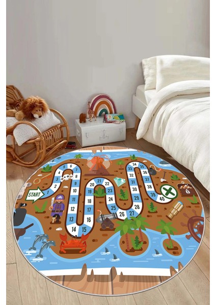 Baskılı Korsan Yol Desenli Yıkanabilir Kaymaz Taban Yuvarlak Çocuk Odası Halısı, Çocuk-Y-51-Kahve,