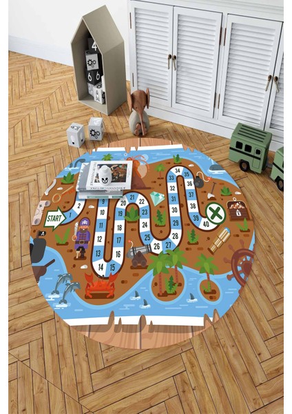 Baskılı Korsan Yol Desenli Yıkanabilir Kaymaz Taban Yuvarlak Çocuk Odası Halısı, Çocuk-Y-51-Kahve, fiyatları