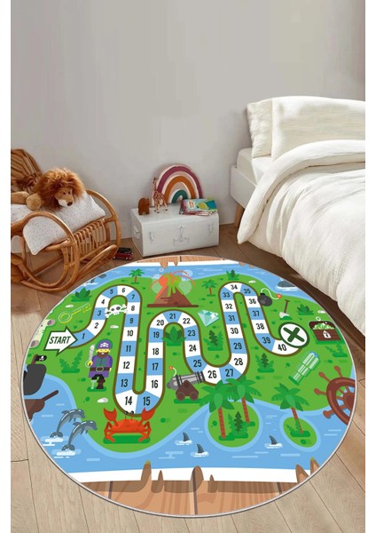 Baskılı Korsan Yol Desenli Yıkanabilir Kaymaz Taban Yuvarlak Çocuk Odası Halısı, Çocuk-Y-51-Yeşil,