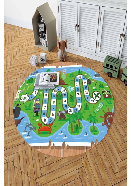 Baskılı Korsan Yol Desenli Yıkanabilir Kaymaz Taban Yuvarlak Çocuk Odası Halısı, Çocuk-Y-51-Yeşil, fiyatları