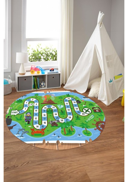 Baskılı Korsan Yol Desenli Yıkanabilir Kaymaz Taban Yuvarlak Çocuk Odası Halısı, Çocuk-Y-51-Yeşil, modelleri