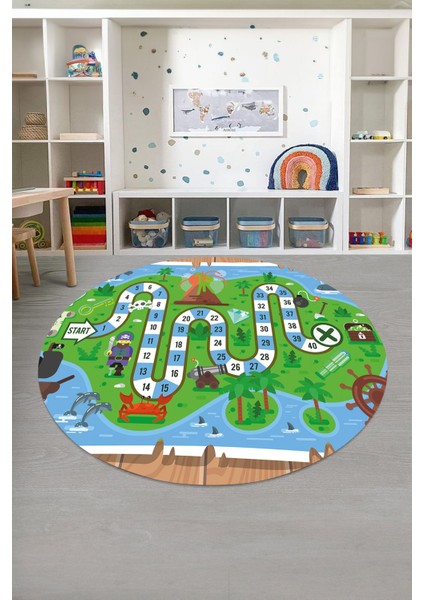 Baskılı Korsan Yol Desenli Yıkanabilir Kaymaz Taban Yuvarlak Çocuk Odası Halısı, Çocuk-Y-51-Yeşil, fırsatları