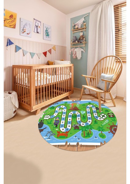 Baskılı Korsan Yol Desenli Yıkanabilir Kaymaz Taban Yuvarlak Çocuk Odası Halısı, Çocuk-Y-51-Yeşil, indirimleri
