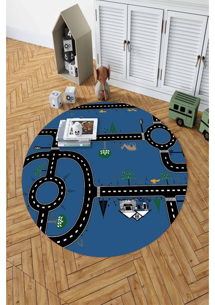 Baskılı Otomobil Yol Desenli Yıkanabilir Taban Yuvarlak Çocuk Odası Halısı, Çocuk-Y-55-Mavi,
