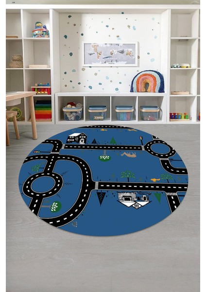 Baskılı Otomobil Yol Desenli Yıkanabilir Taban Yuvarlak Çocuk Odası Halısı, Çocuk-Y-55-Mavi,